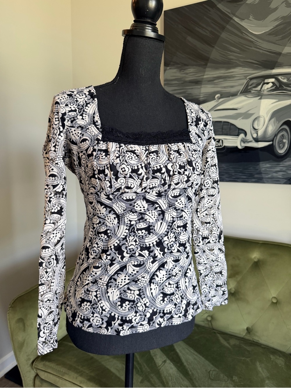 INC International Concepts Black & White Paisley Square-Neck Long Sleeve Top